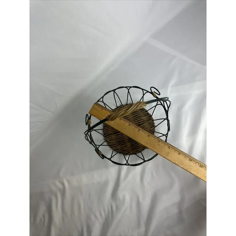 Vintage Wire & Wicker French Country Handled Basket~Dark Green~Farmhouse